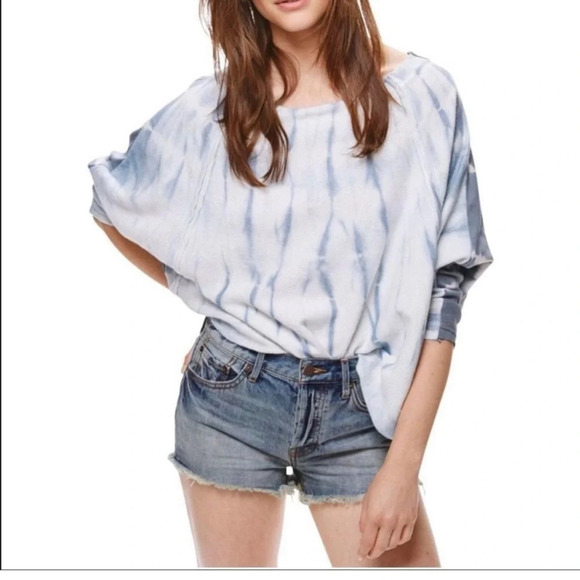 Free People ||Tie Dye Oversized Sweatshirt Cotton Blue Crop Dolman Sleeves, Sm - Picture 2 of 8